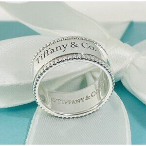 Tiffany & Co. Script Notes Band Ring Size 8 Sterling Silver Beaded Milgrain Edge